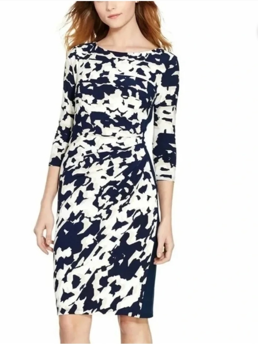 🎉Lauren Ralph Lauren Navy/White Abstract Print 3/4 Sleeve Sheath Dress 4 EUC